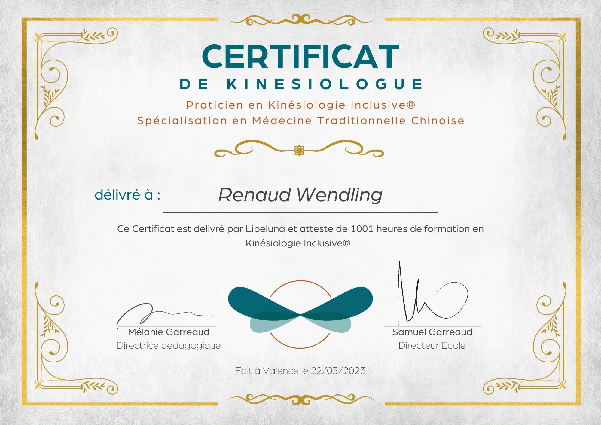 certificat École de kinesiologie Libeluna
